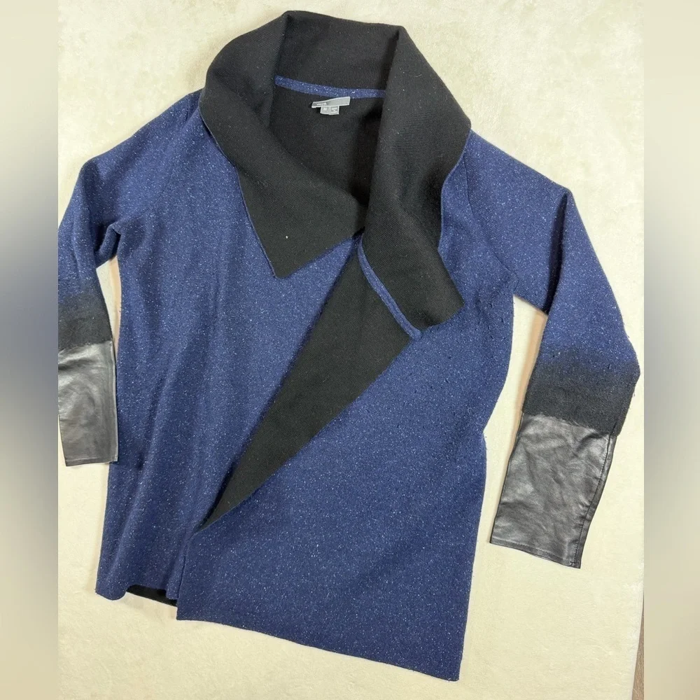 Vince Size Medium Wool Cashmere Blend Navy and Black Open Cardigan With Leather